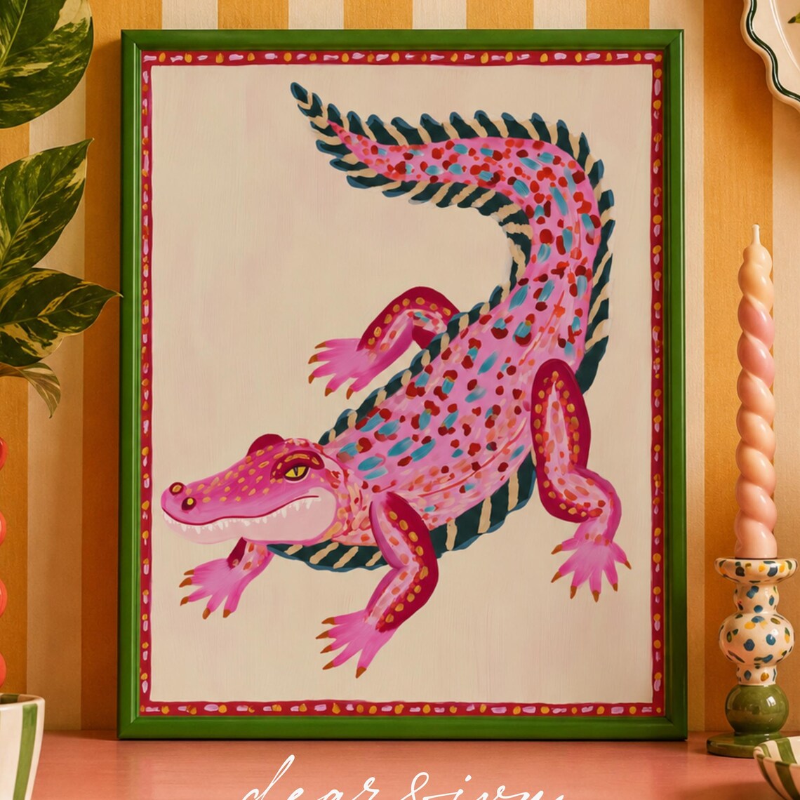 Bold Pink Spotted Alligator Folk Art Painting Maximalist Poster