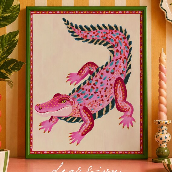 Bold Pink Spotted Alligator Folk Art Painting Maximalist Poster