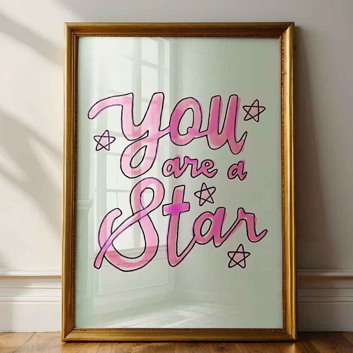 You Are a Star Pink Hand Lettered Nursery Kids Affirmation Art Print