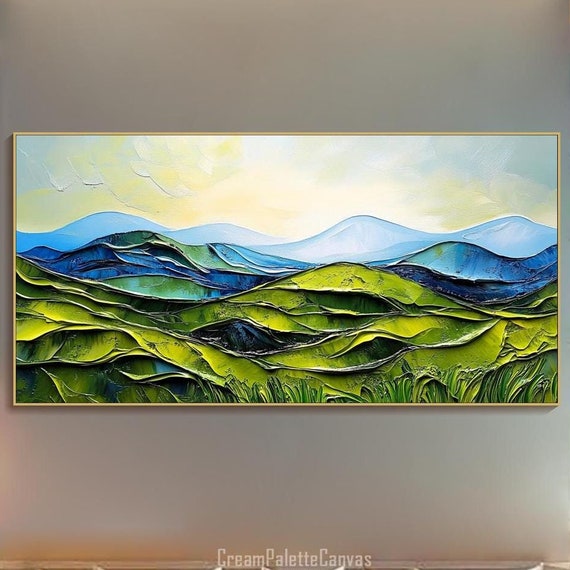 3d Mountain Textured Wall Art Nature Scenery Green And Blue Hill Oil Painting Landscape Large Wall Art Nature Contemporary Living Room Decor