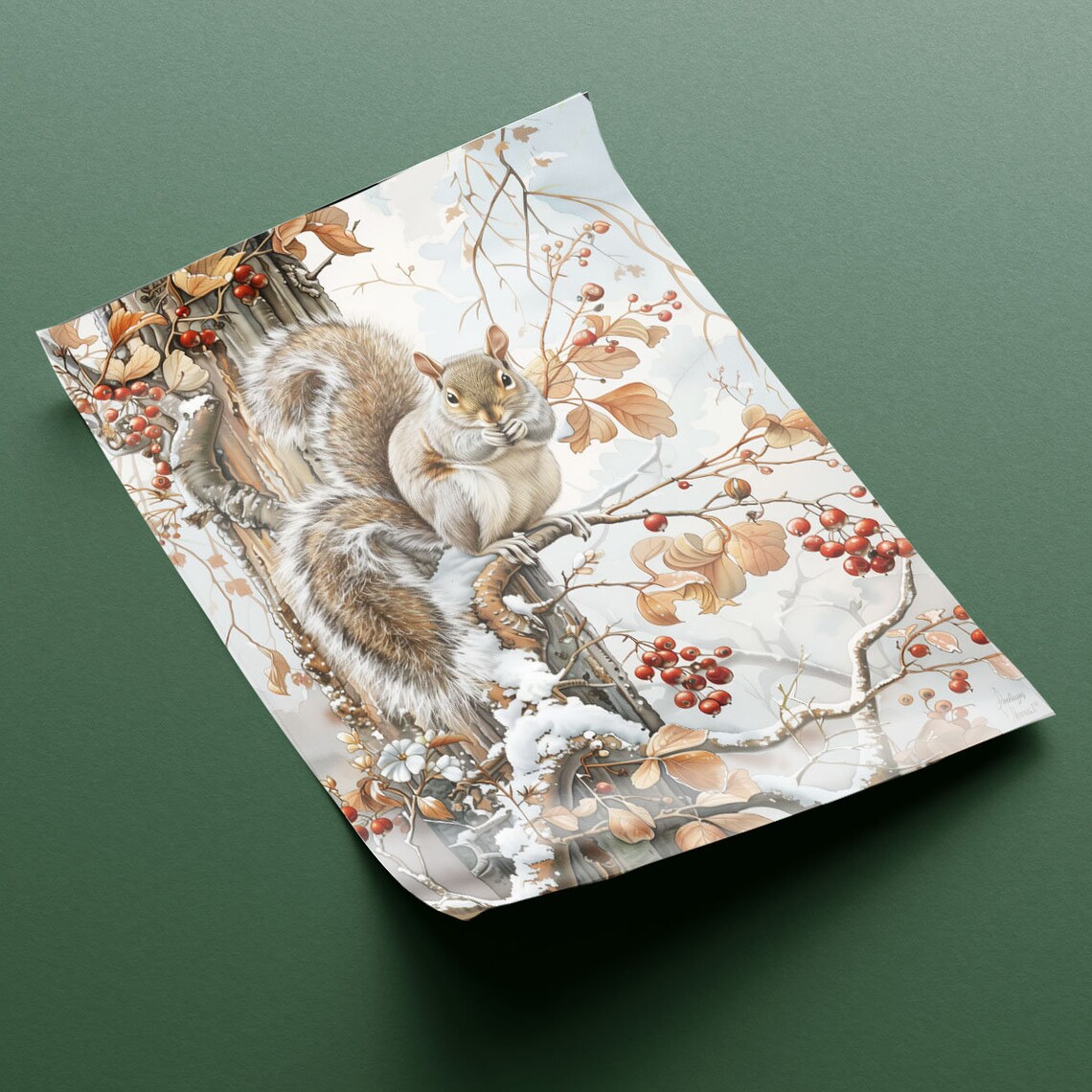 Squirrel On Snowy Branch Red Berries Winter Woodland Art Poster - Image 2