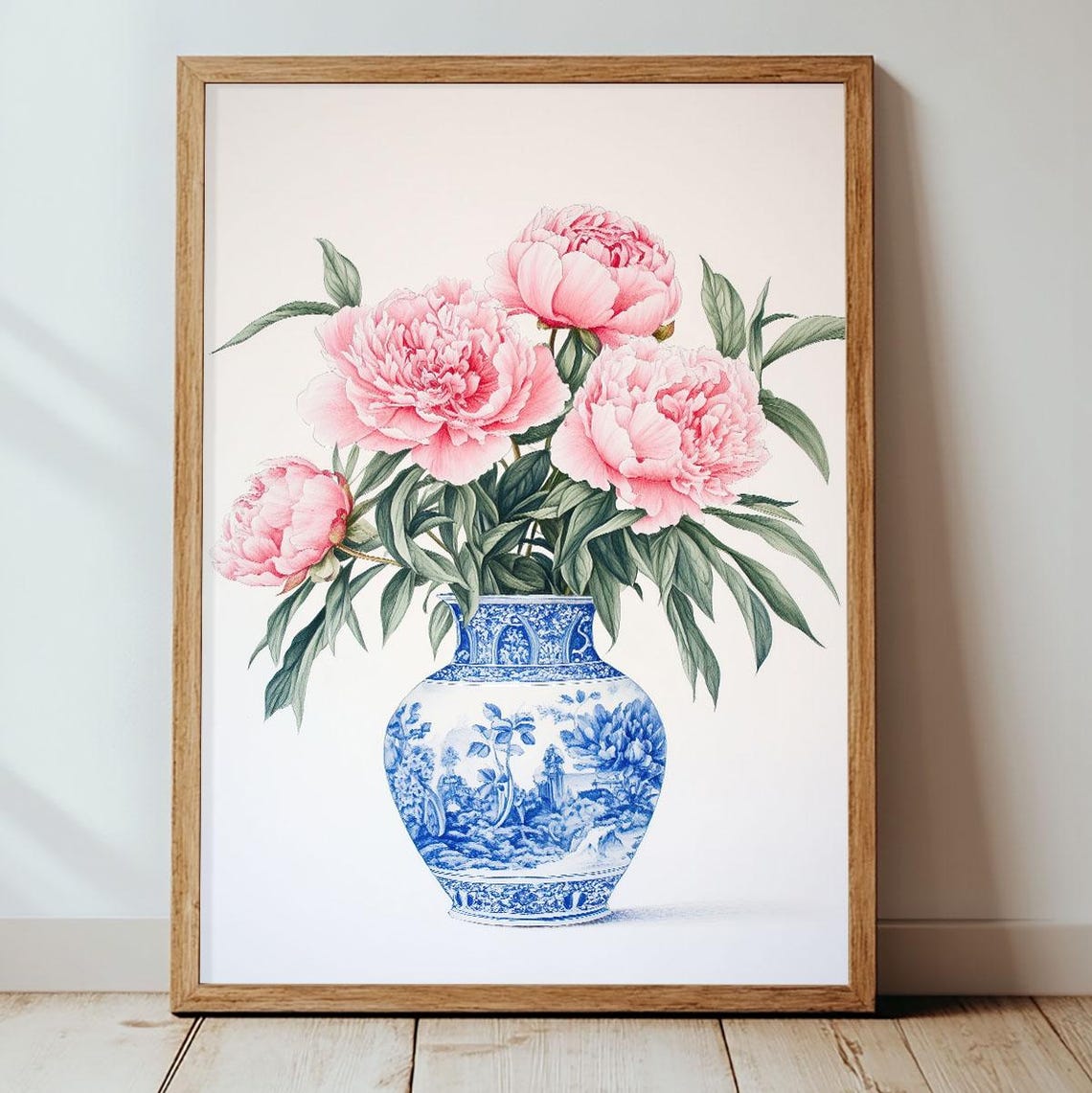 Classic Pink Peonies Blue Porcelain Vase Botanical Floral Wall Art