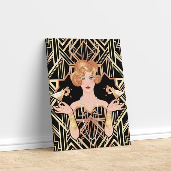 Art Deco Flapper Girl With Two Cocktails Black And Gold 1920s Poster