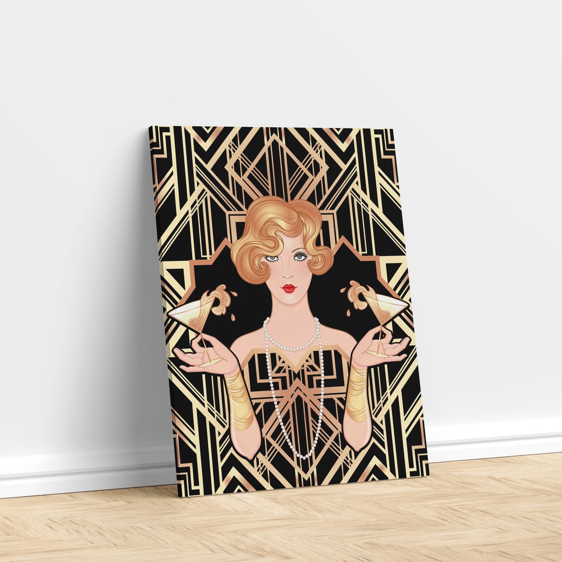Art Deco Flapper Girl With Two Cocktails Black And Gold 1920s Poster