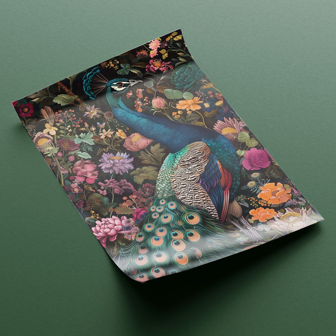 Colorful Peacock Among Flowers Dark Botanical Garden Night Art Poster - Image 2