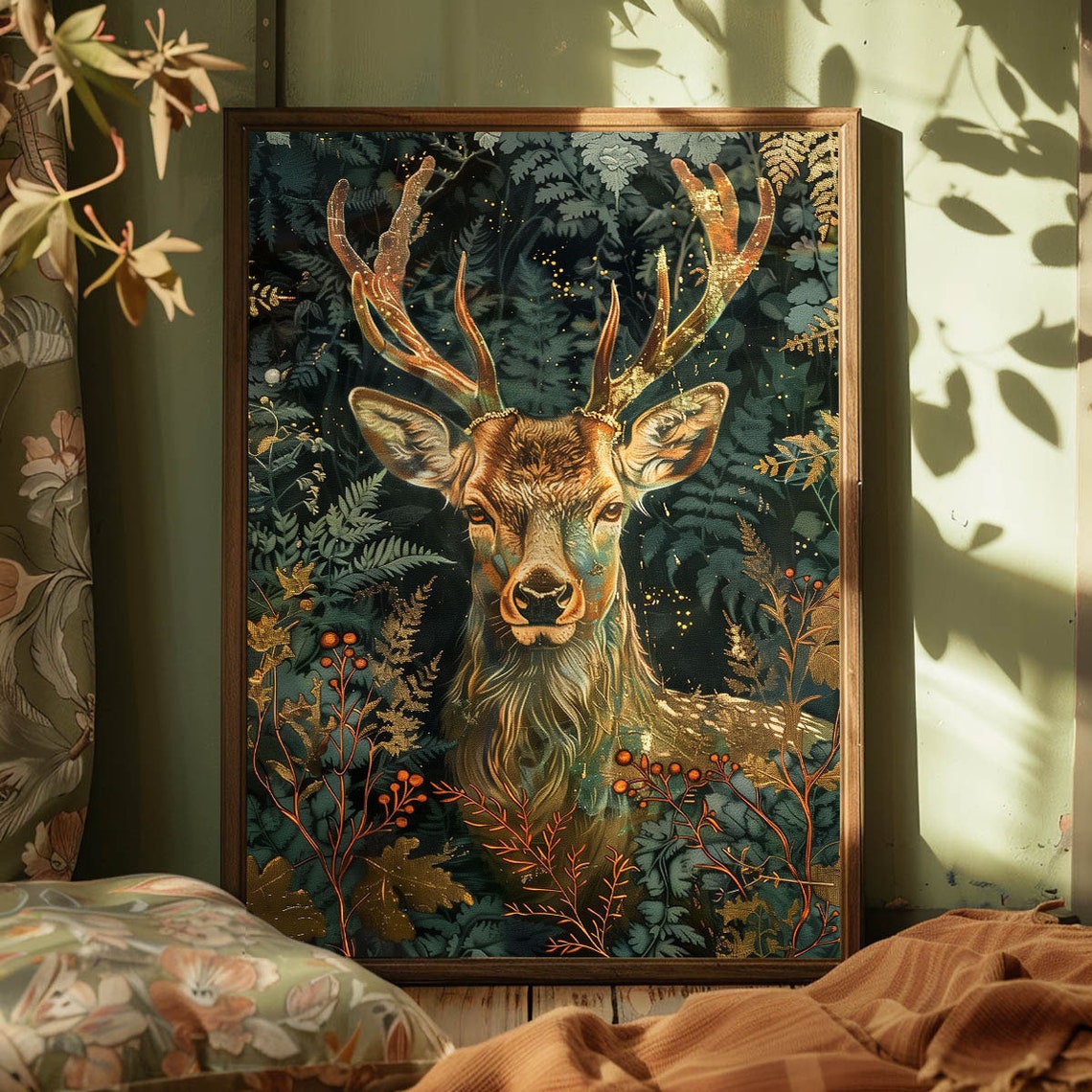 Proud Deer Golden Antlers Midnight Forest Botanical Art Poster - Image 4