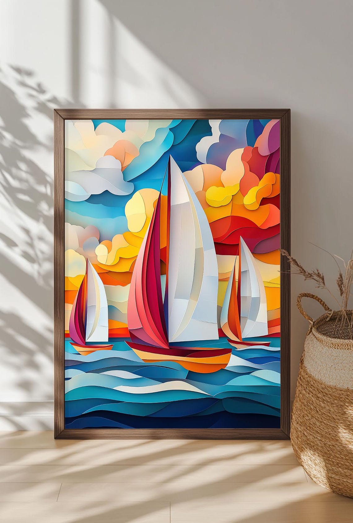 Colorful Sailboats Paper Cut Style Modern Ocean Sailing Wall Art - Image 4