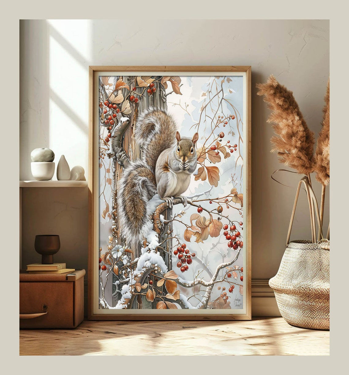 Squirrel On Snowy Branch Red Berries Winter Woodland Art Poster