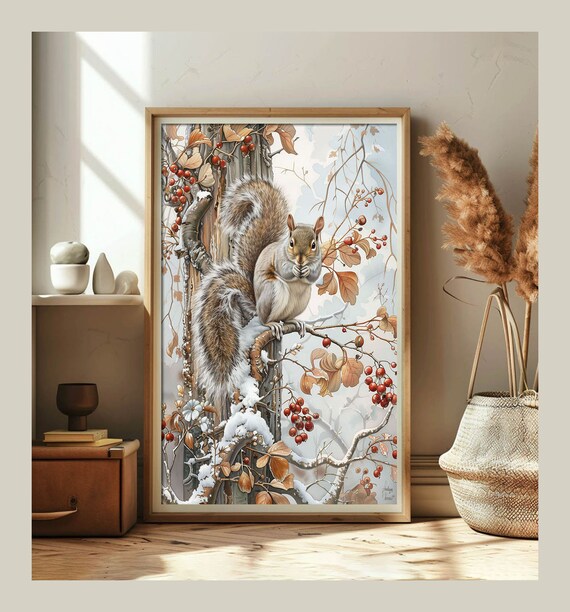 Squirrel On Snowy Branch Red Berries Winter Woodland Art Poster