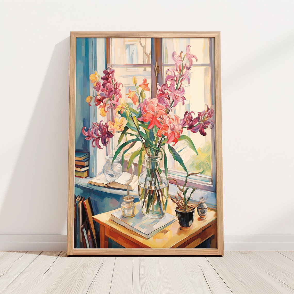 Gladiolus Flowers In Glass Vase On Sunny Windowsill Still Life Poster