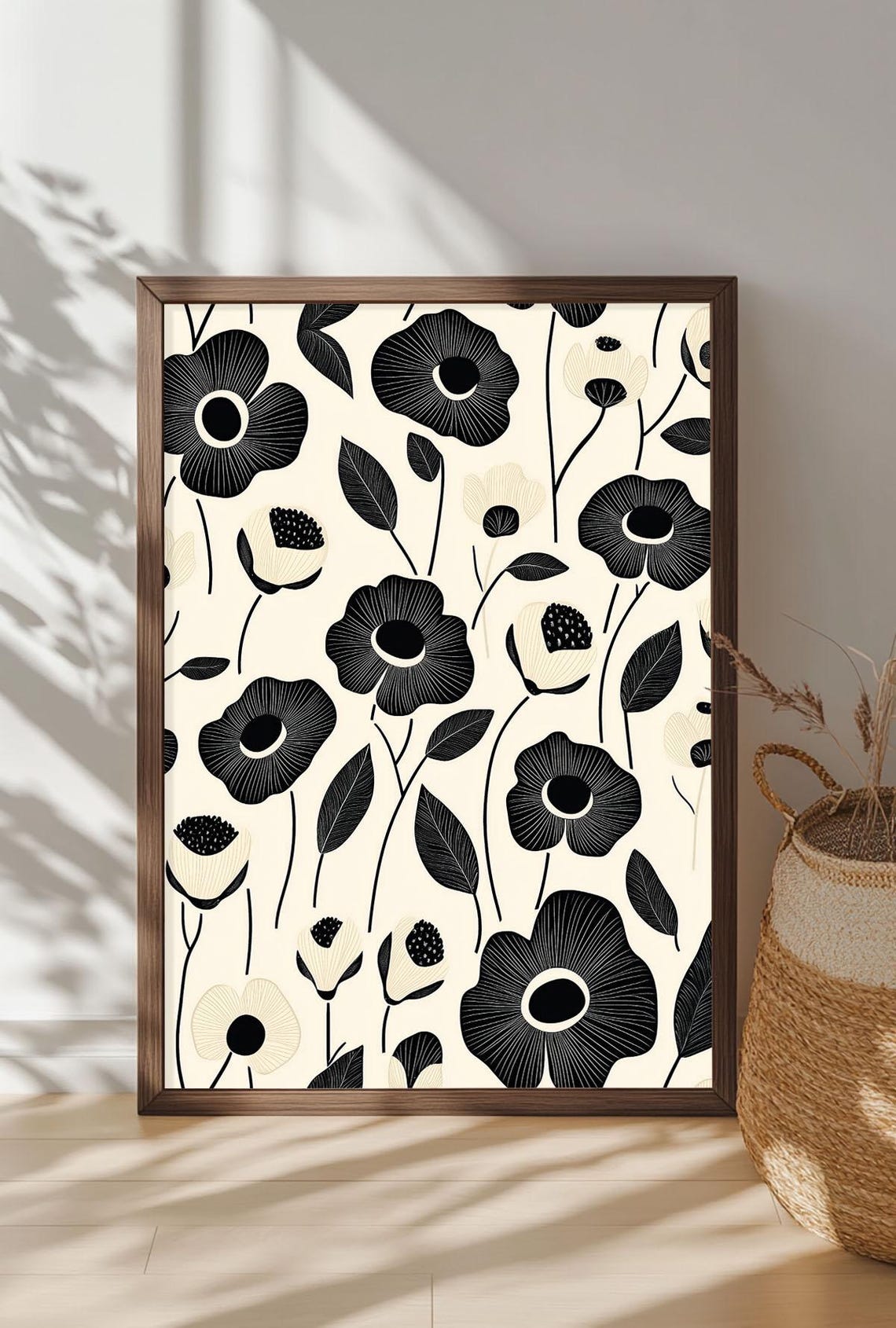 Black and Cream Monochrome Poppy Pattern Modern Floral Wall Art - Image 4