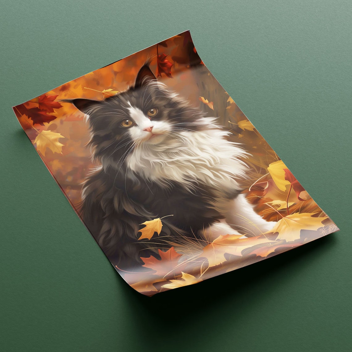 Black And White Longhaired Cat In Autumn Leaves Fall Season Art Poster - Image 2