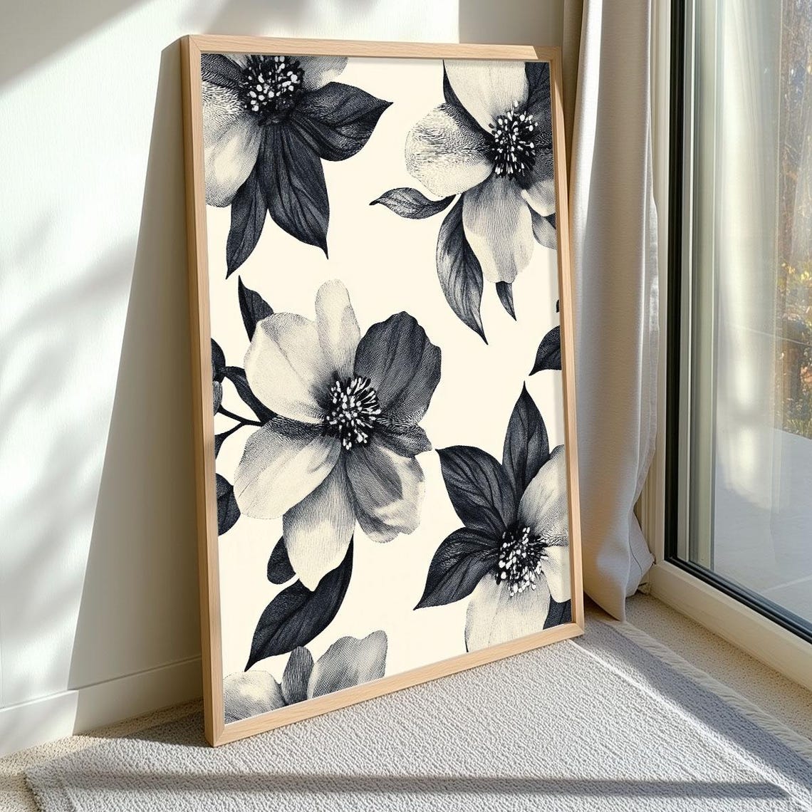 Black and White Monochrome Floral Pattern Elegant Botanical Wall Art - Image 3