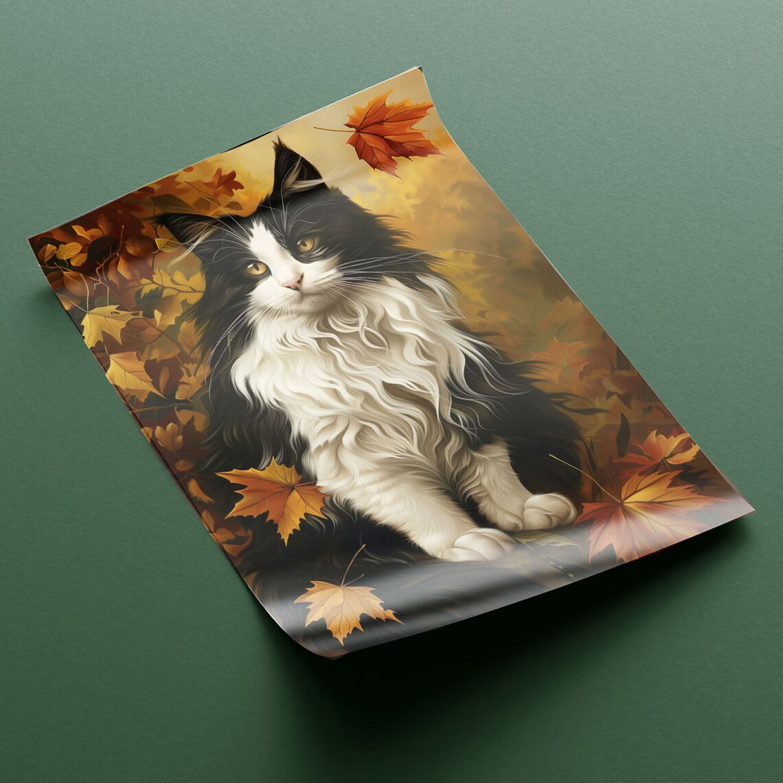 Black And White Longhair Cat Autumn Leaves Golden Fall Poster - Image 2