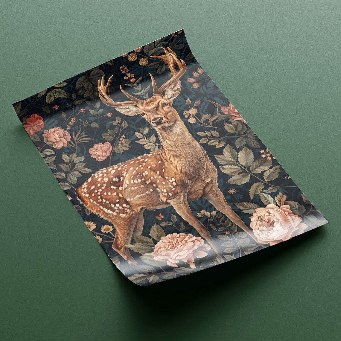 Spotted Fallow Deer Stag In Midnight Blue Floral Forest Night Art Poster - Image 2