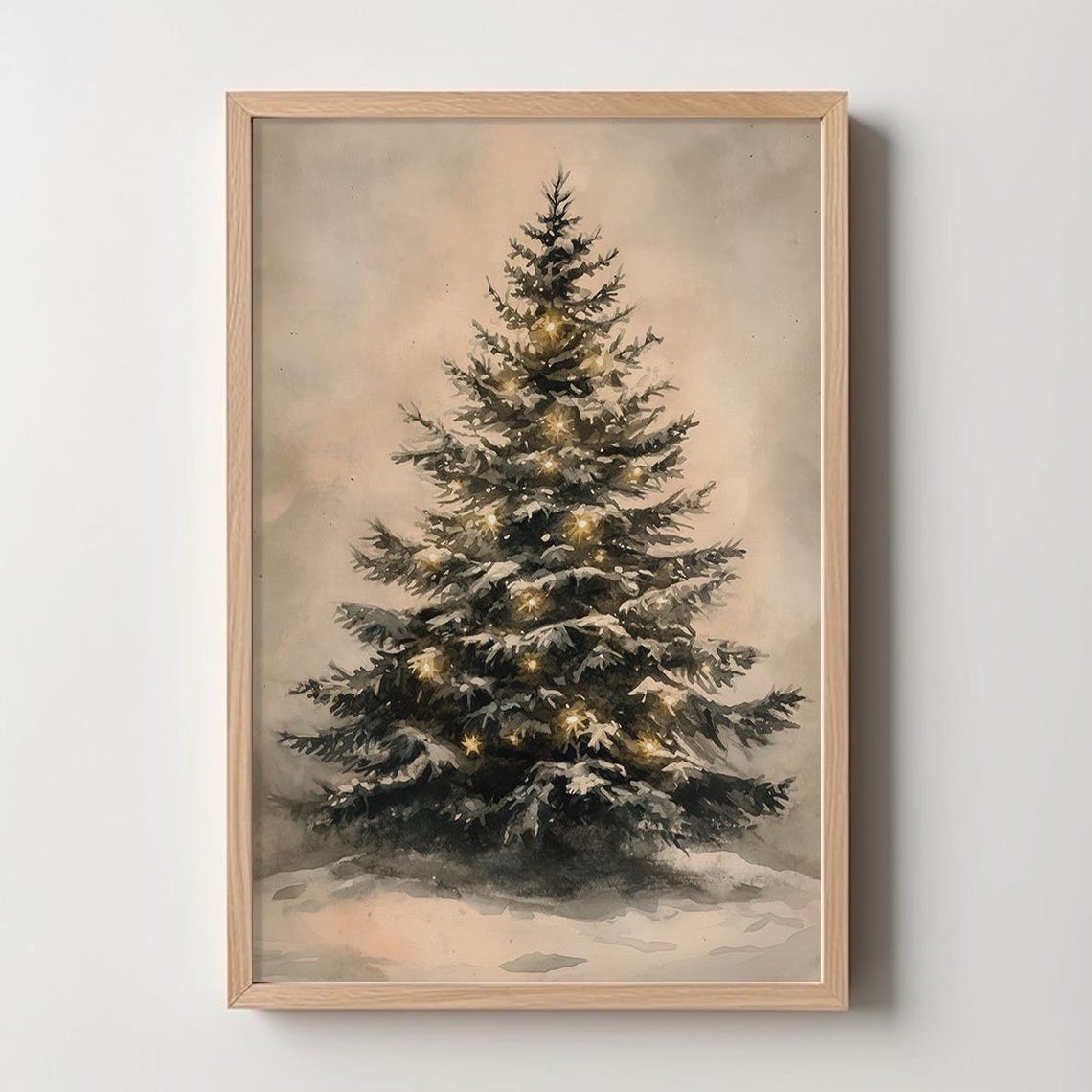 Snow Covered Christmas Tree With Warm Lights Watercolor Winter Poster