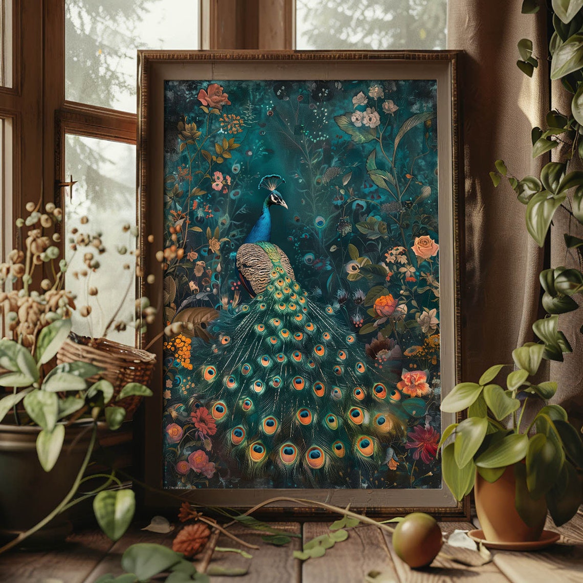 Peacock Fanning Full Tail Teal Floral Garden Elegant Bird Art Poster - Image 3