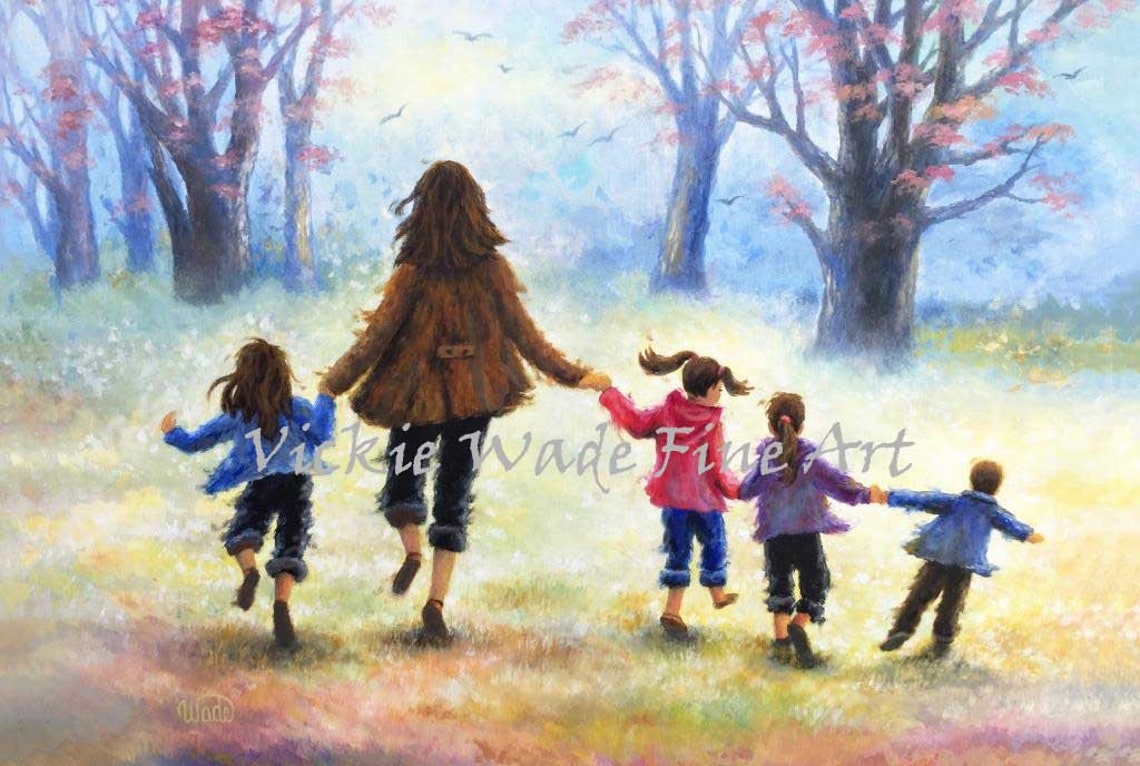 Mother Walking With Four Children Through Autumn Woods Poster