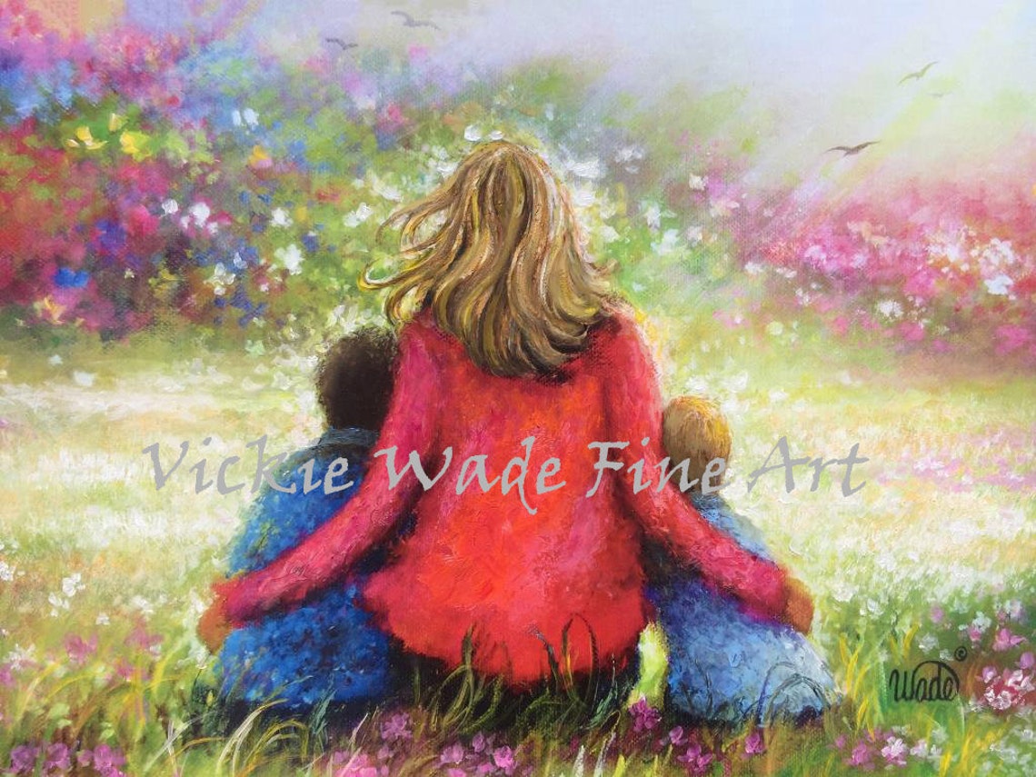 Loving Mother Hugging Two Sons In A Blooming Flower Garden Poster