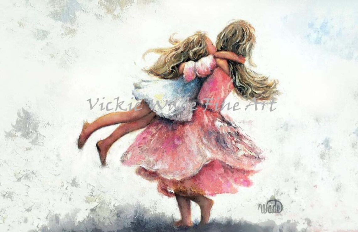 Two Sisters Twirling Art Print, Pink Girls Room