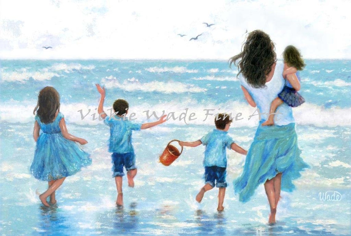 Mother Leading Her Four Children into the Ocean Waves Poster