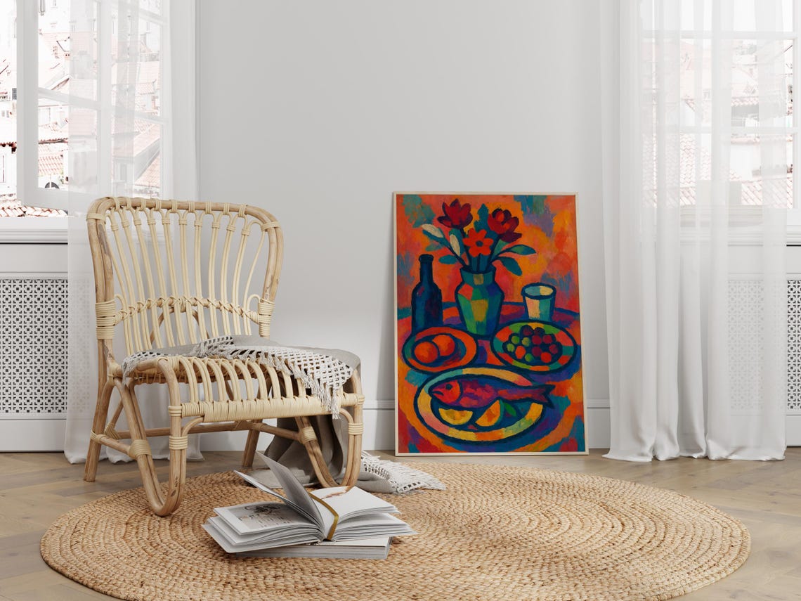 Fauvist Still Life Painting Bold Fish Fruit Flowers Kitchen Poster - Image 2