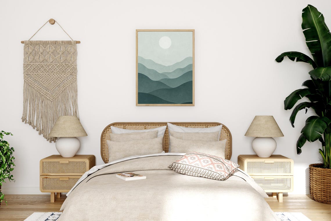 Green Mountain Waves Painting Minimalist Sun Japandi Nature Poster - Image 2