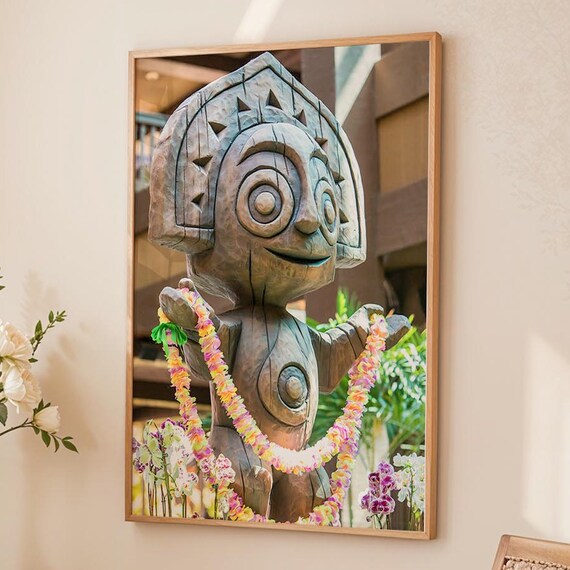 Polynesian Tiki Man Statue Flower Lei Tropical Disney Resort Photo Poster