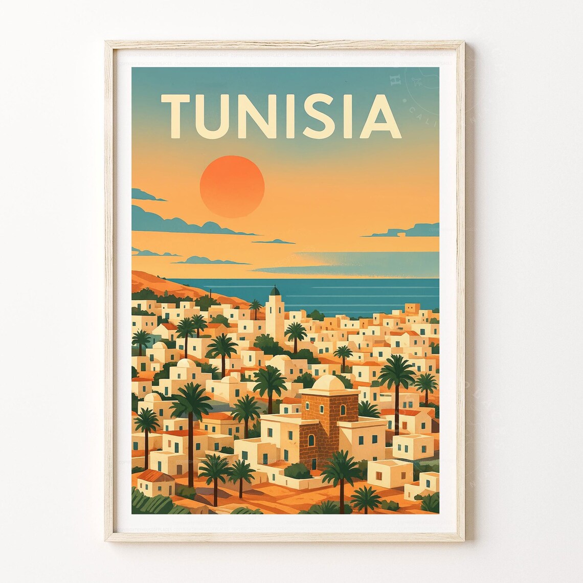 Tunisia Sunset Coastal Town Palm Retro Vintage Travel Scene Poster