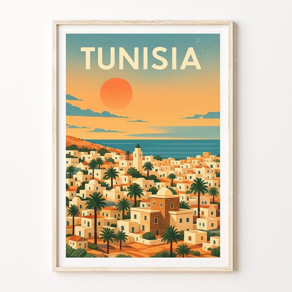 Tunisia Sunset Coastal Town Palm Retro Vintage Travel Scene Poster