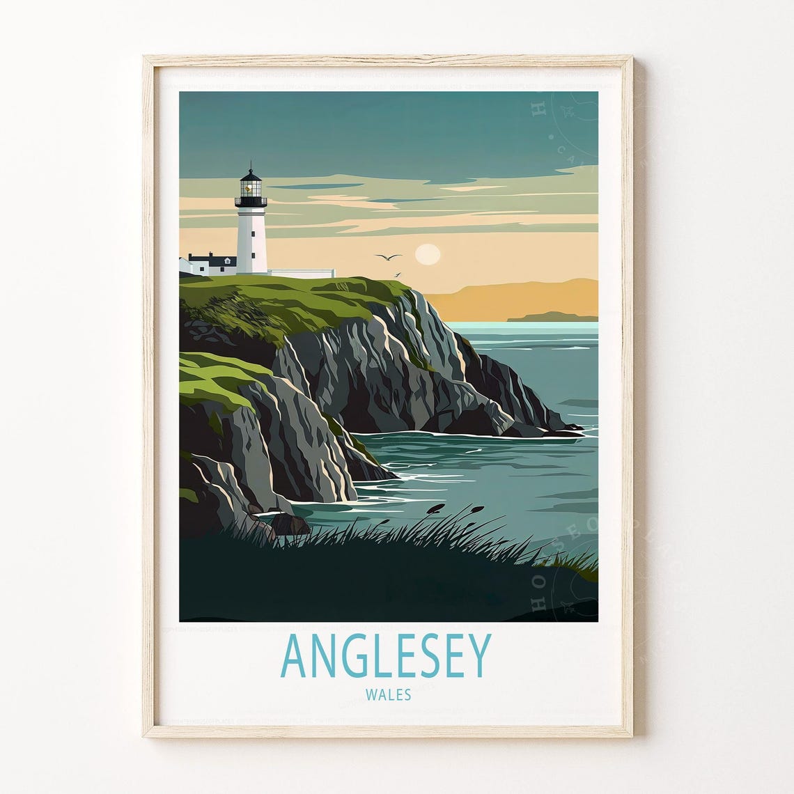 Anglesey Wales Lighthouse Rocky Cliffs Sunset Coast Travel Poster