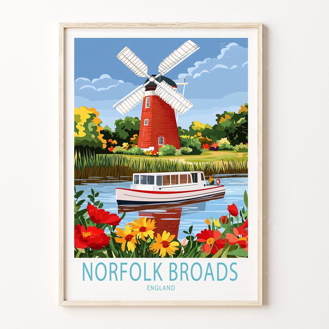 Norfolk Broads England Red Windmill Riverside Boat Retro Poster