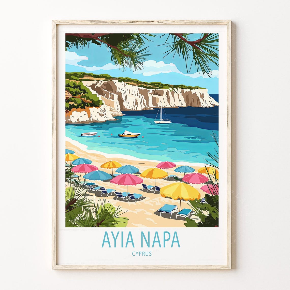 Ayia Napa Cyprus Colorful Beach Umbrellas Cliffs Travel Poster