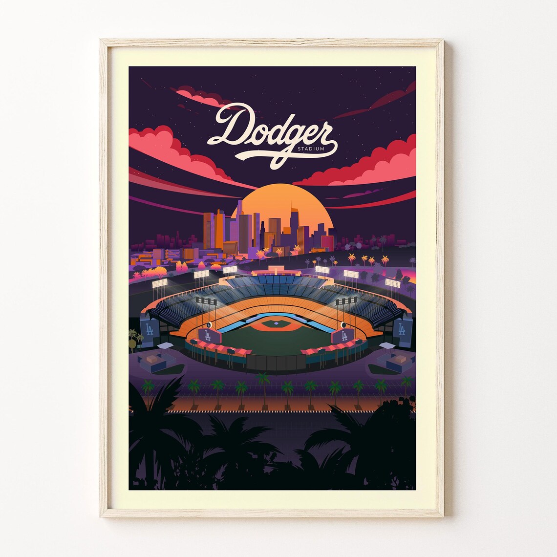 Dodger Stadium Night Game Los Angeles Skyline Baseball Art Poster