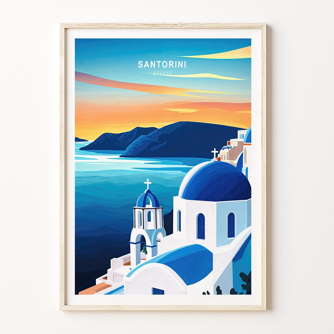 Santorini Greece Sunset Blue Domes Script Text Travel Poster