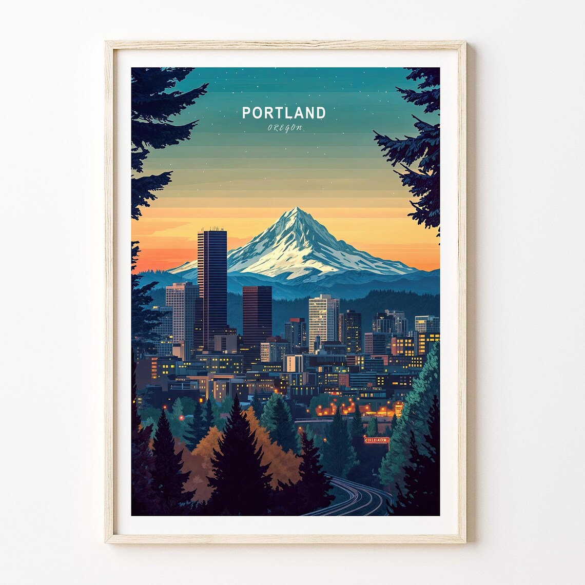 Portland Oregon Travel Poster Mount Hood Sunset Skyline at Dusk