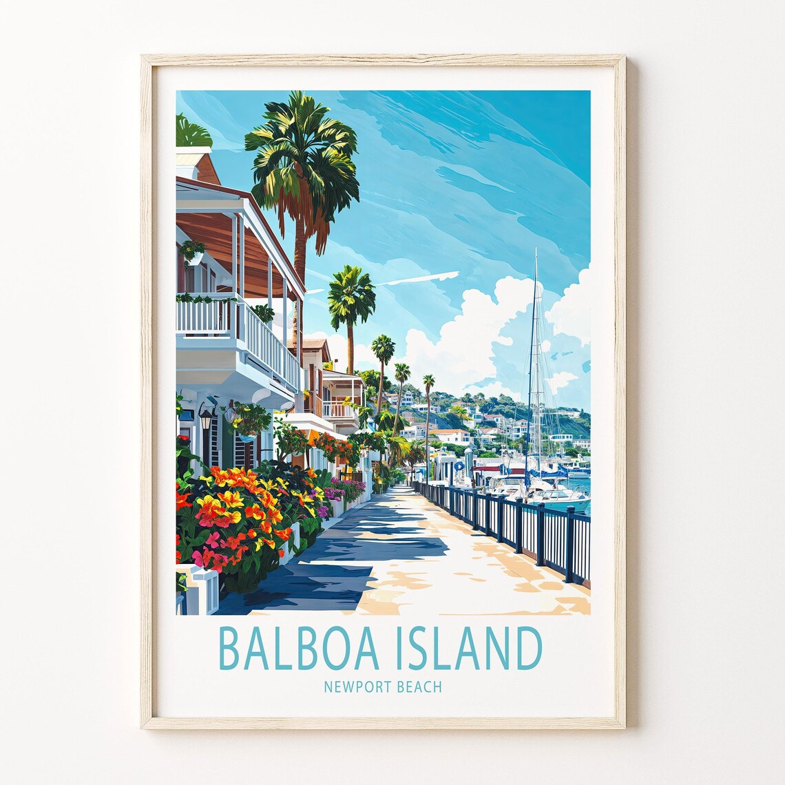 Balboa Island Newport Beach Harbor Boardwalk Palm Trees Travel Poster