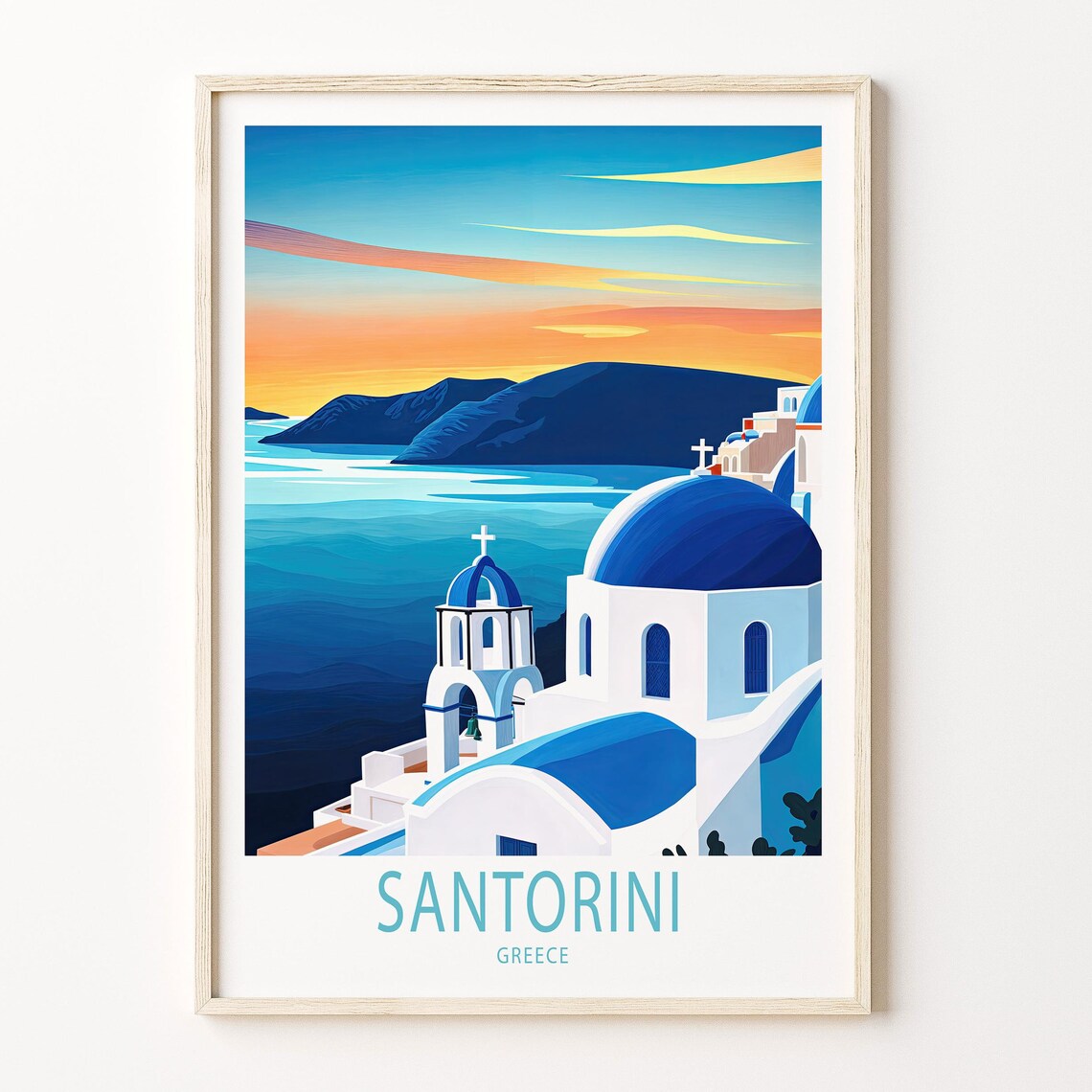 Santorini Greece Sunset Blue Domes Bold Block Text Travel Poster