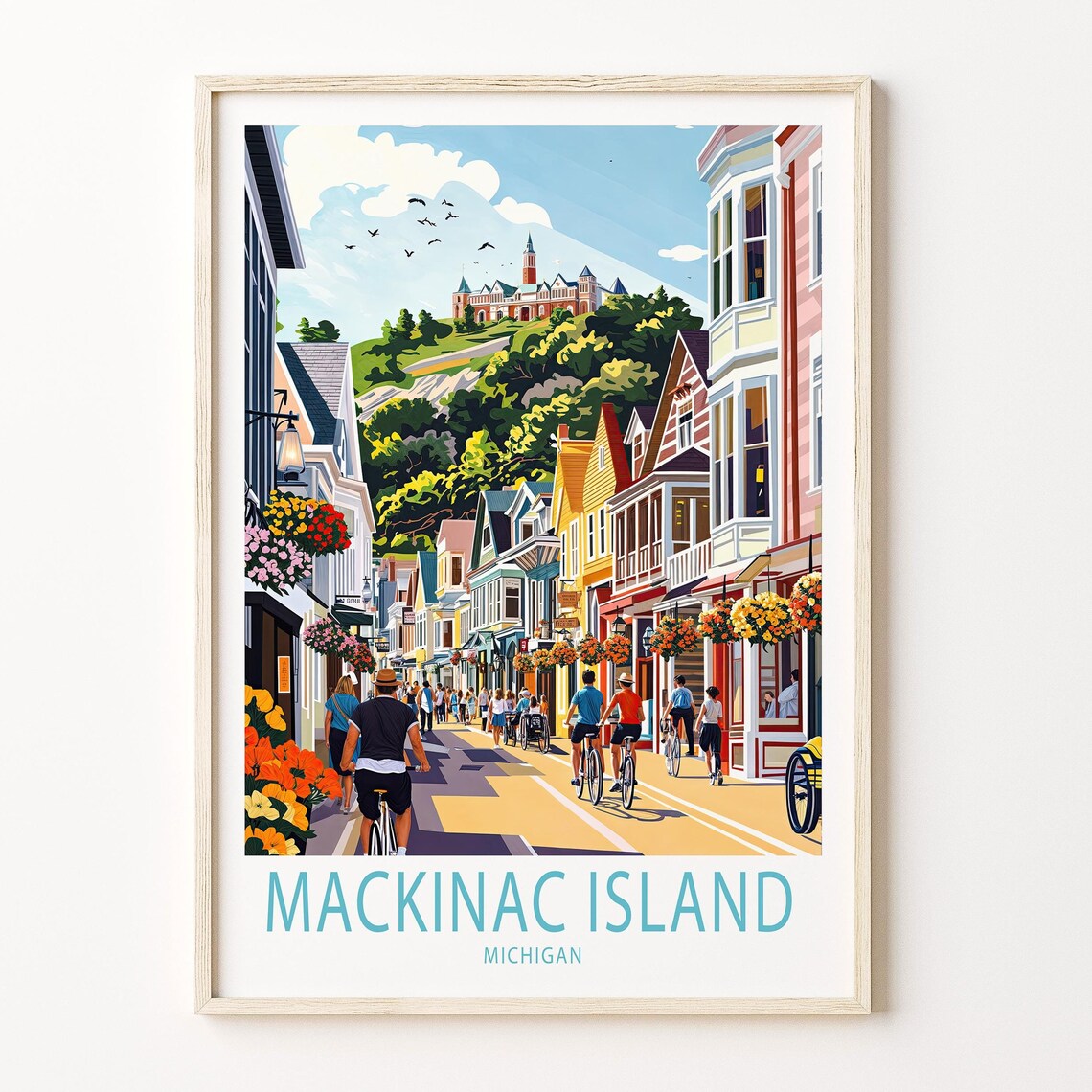Mackinac Island Michigan Flowered Main Street Bicycles Travel Poster