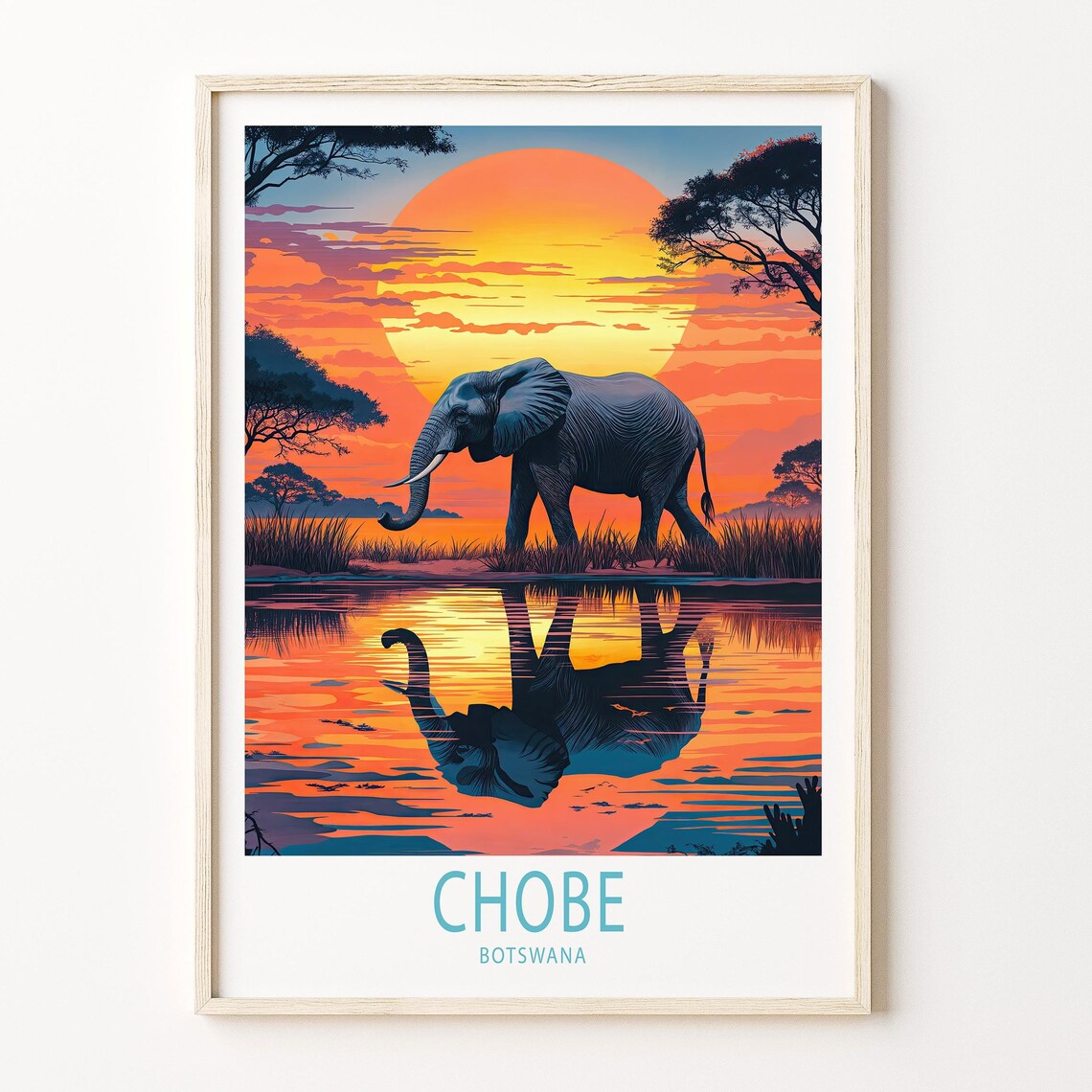 Chobe Botswana Elephant Sunset Safari Waterhole Travel Poster