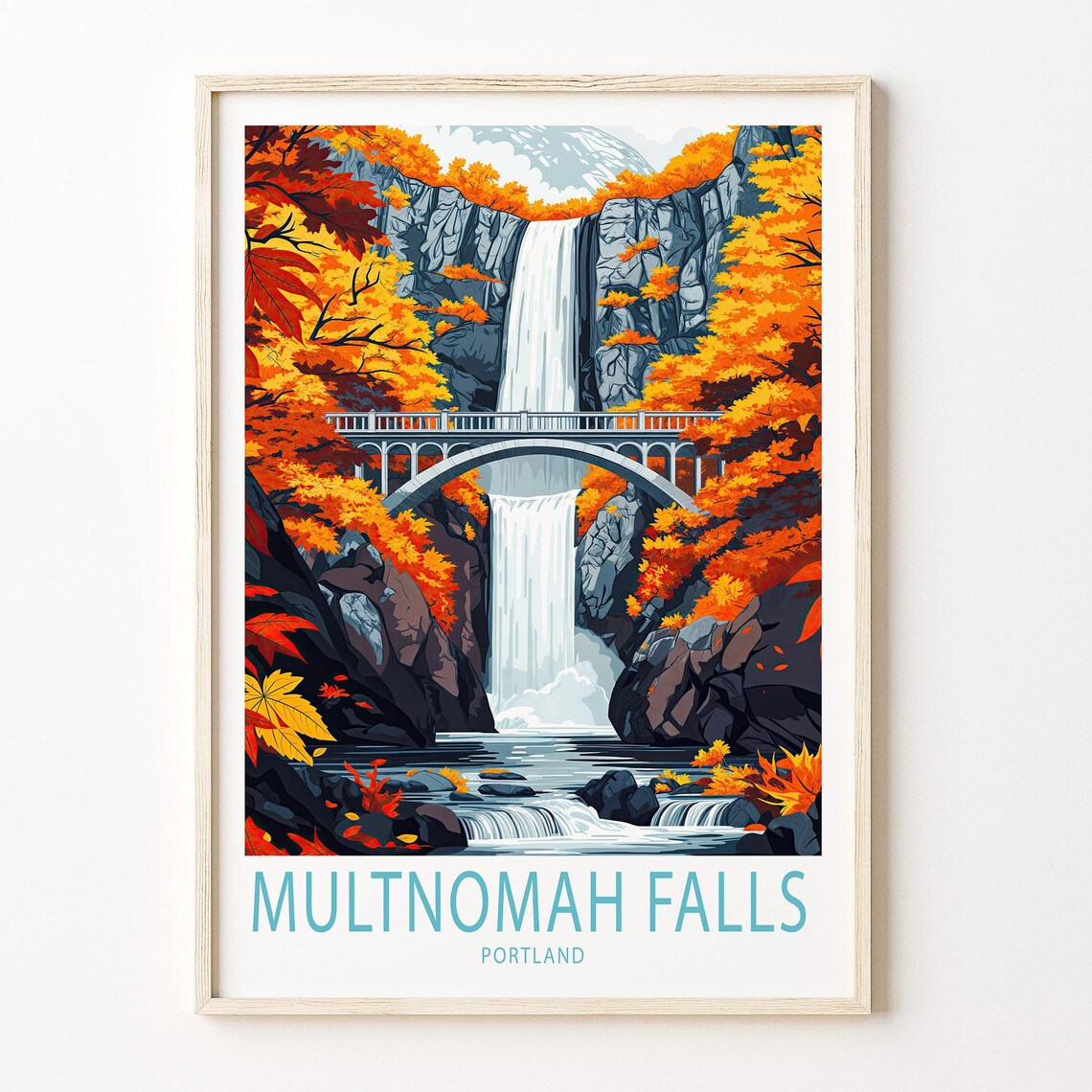 Multnomah Falls Travel Poster, Portland Wall Art Print