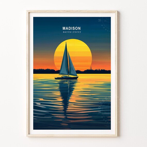 Madison United States Sailboat Big Sun Sunset Reflection Poster