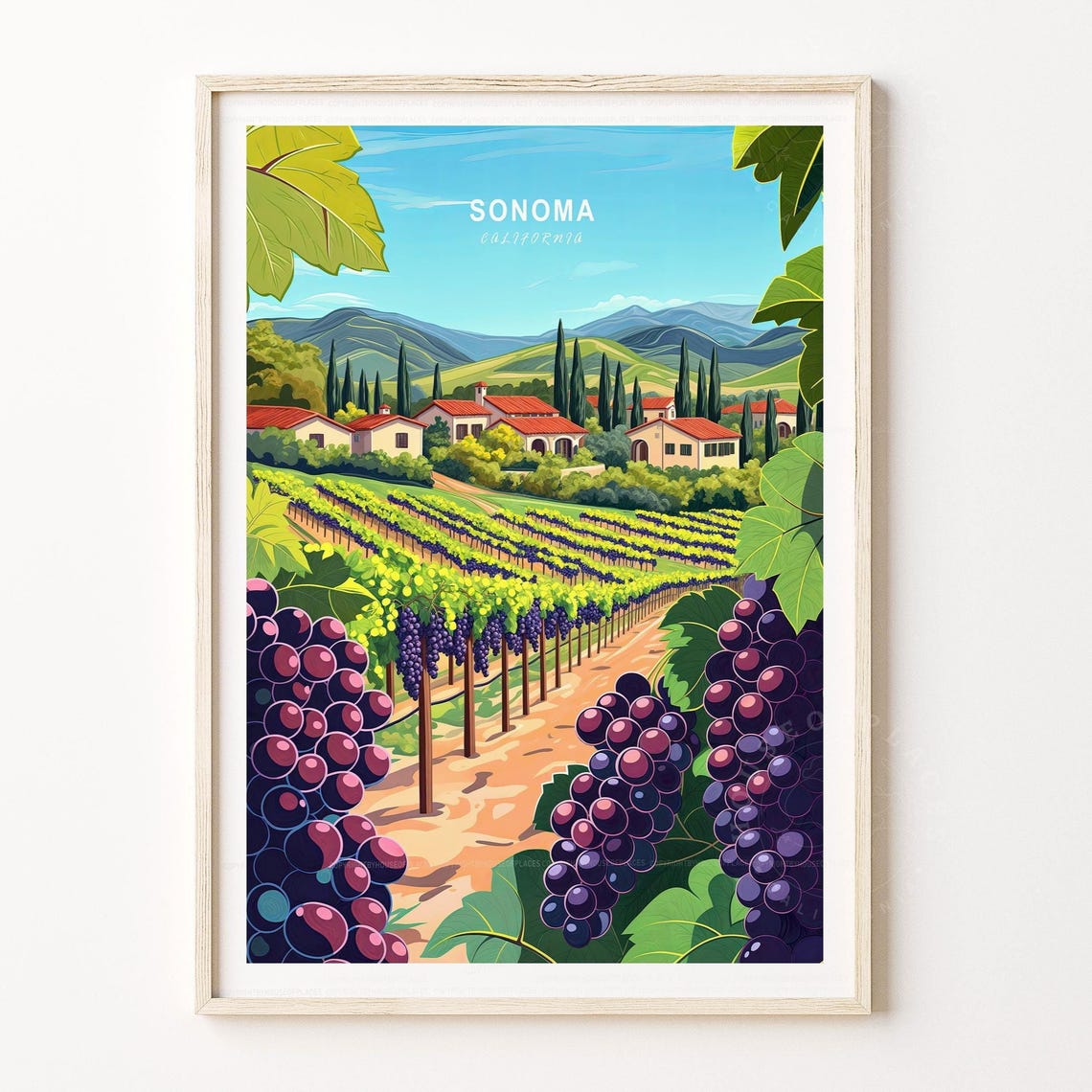 Sonoma California Vineyard Hills Vintage Travel Wine Country Poster