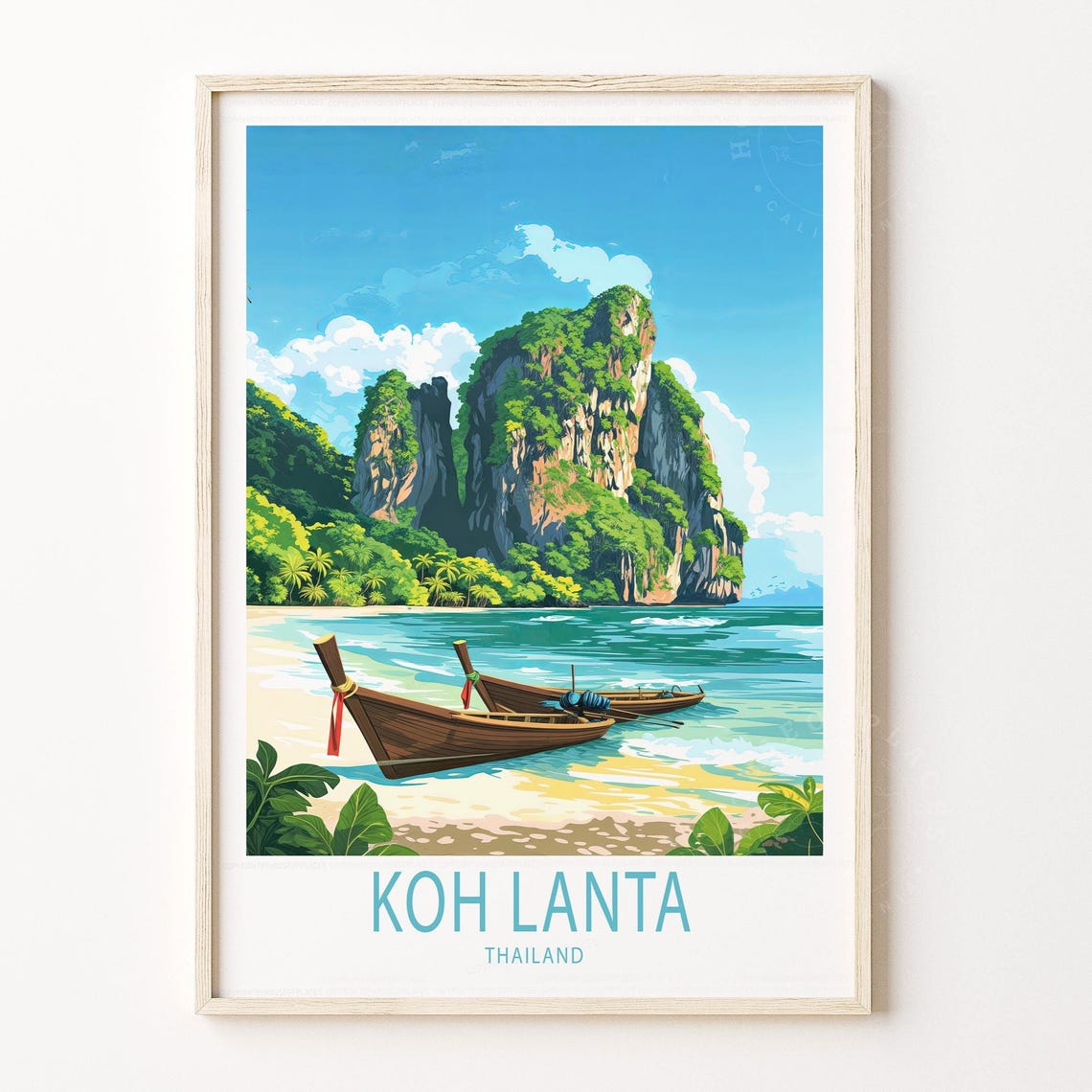 Koh Lanta Thailand Longtail Boats Limestone Cliffs Beach Poster