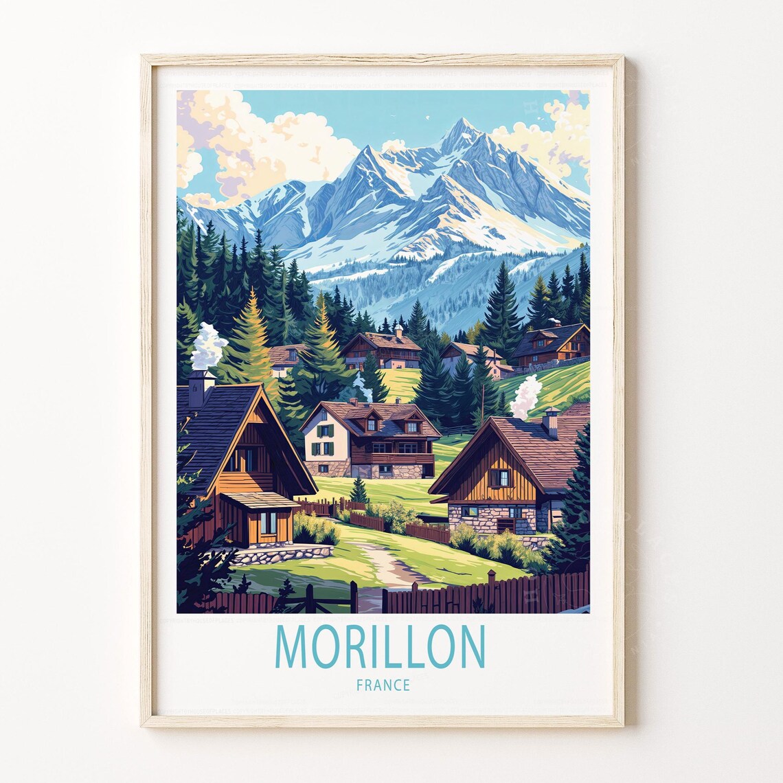 Morillon France Alpine Village Chalets Travel Poster Snowy Peak Art