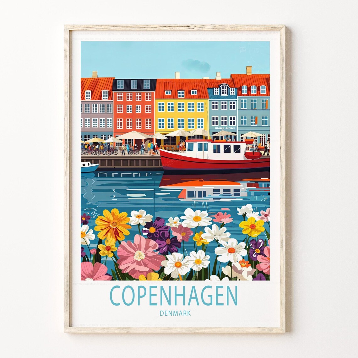 Copenhagen Denmark Nyhavn Harbor Boats Colorful Floral Travel Poster