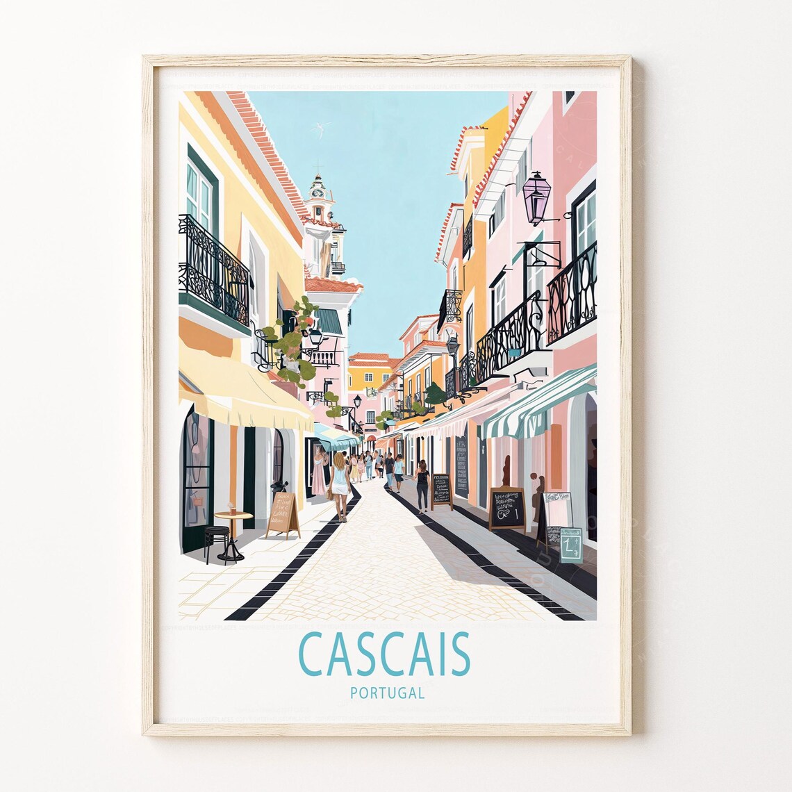 Cascais Portugal Colorful Cobblestone Street Scene Travel Poster