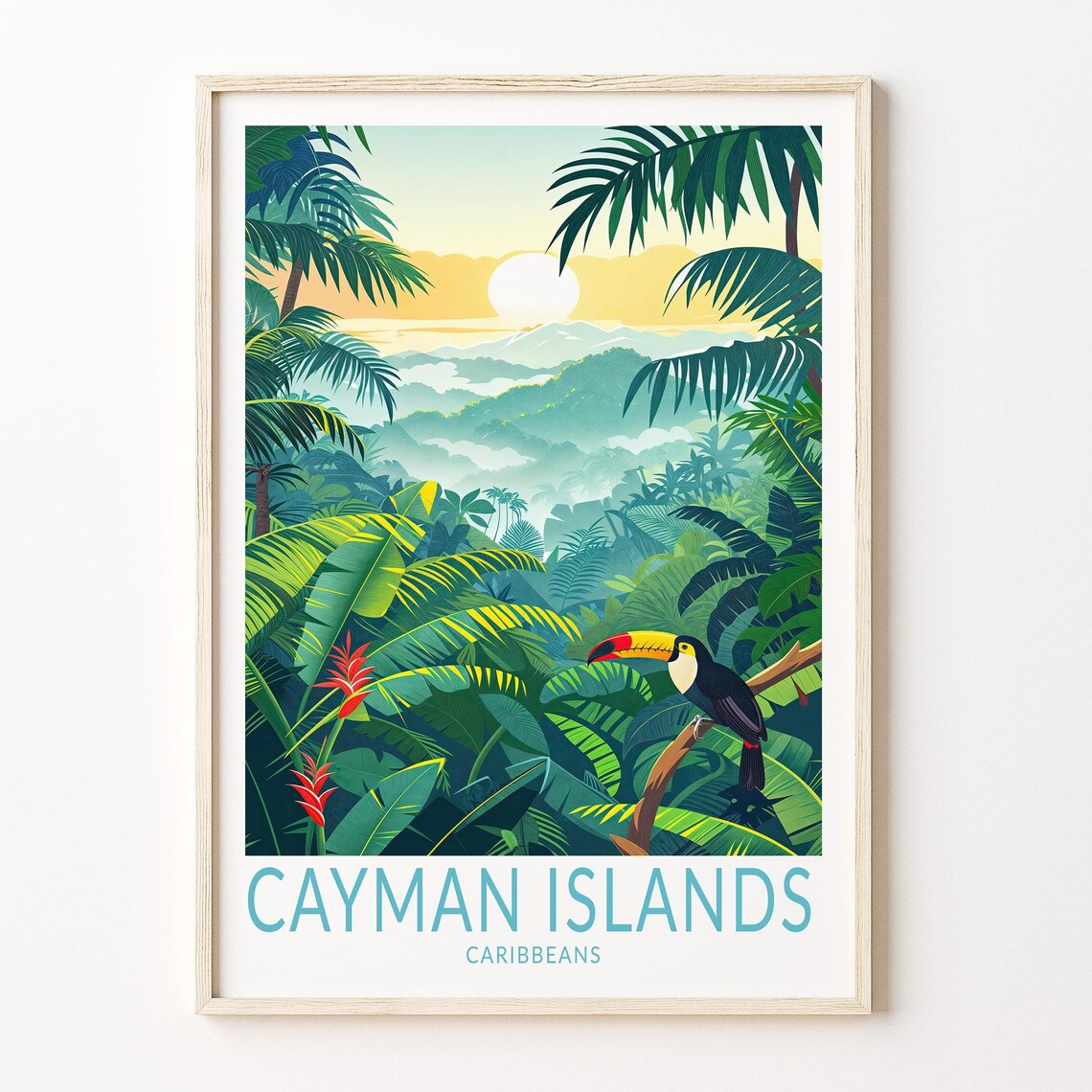 Cayman Islands Caribbean Tropical Jungle Toucan Sunrise Travel Poster