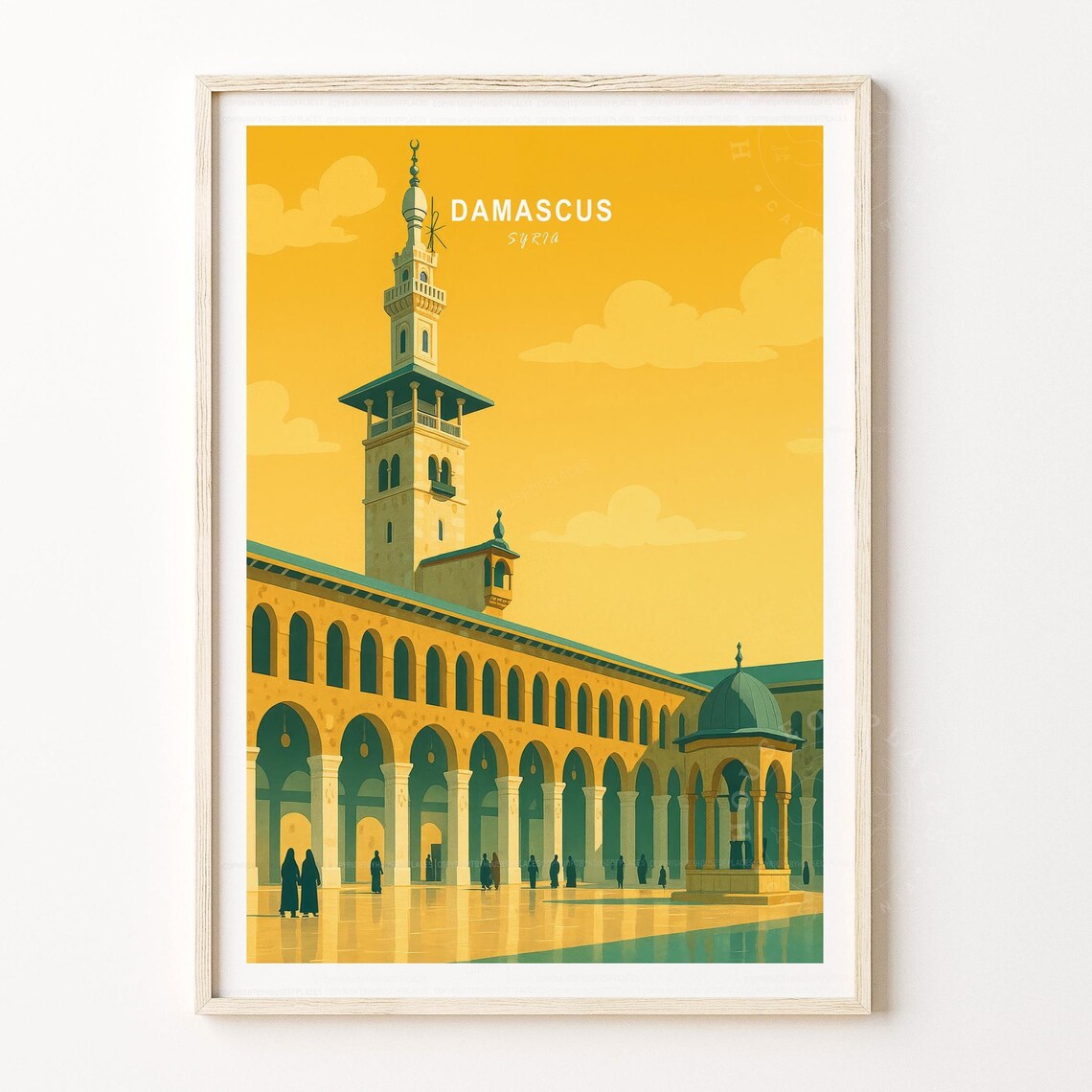 Damascus Syria Sunset Umayyad Mosque Minaret Golden Travel Poster