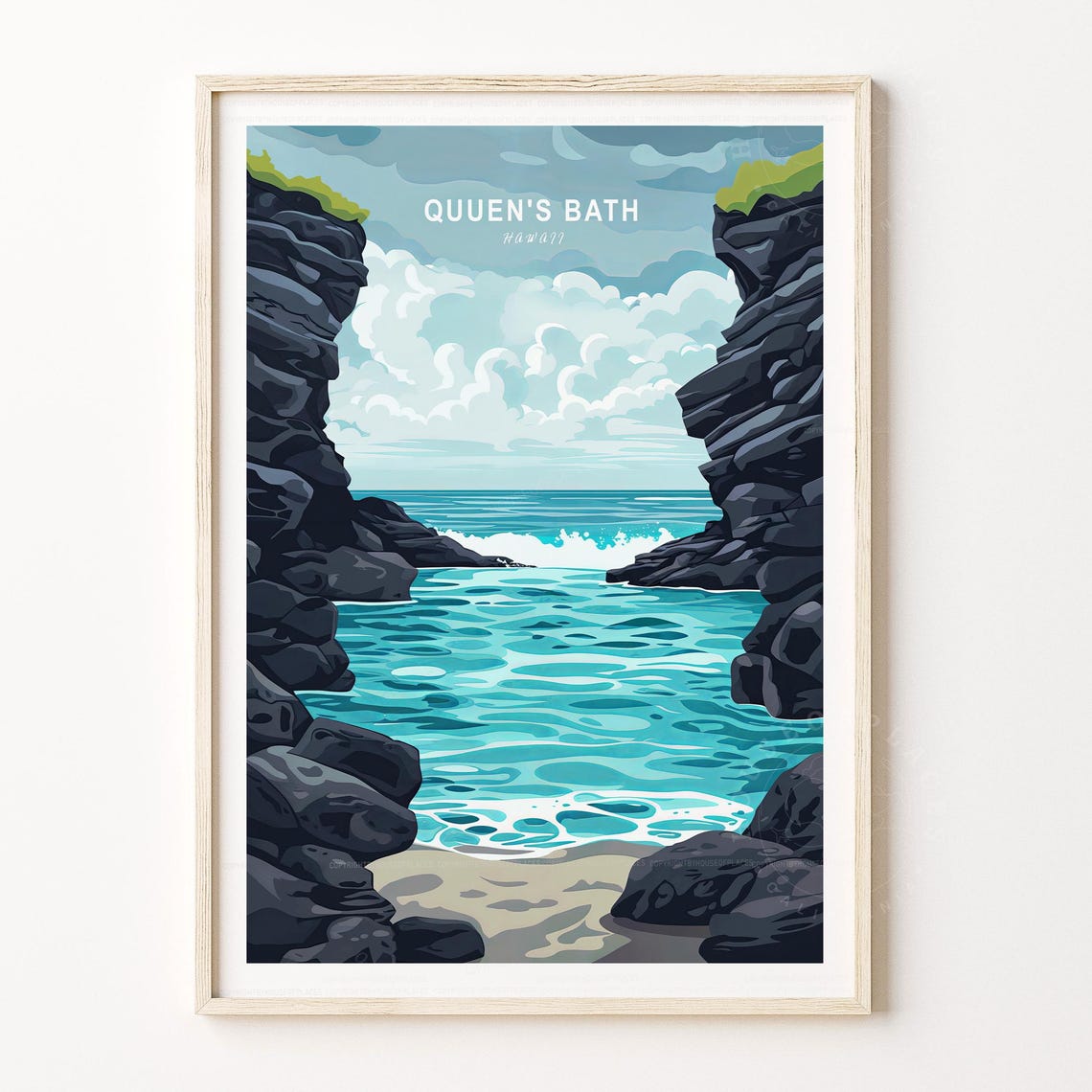 Queen's Bath Hawaii Teal Rocky Cove Vintage Travel Scene Poster